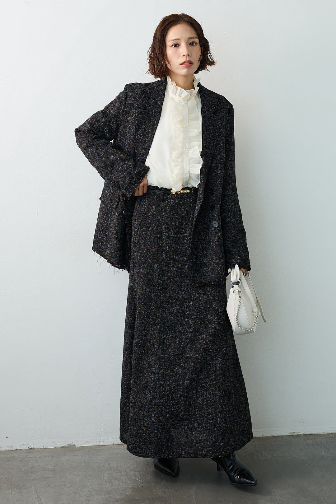 [予約/SET]エアリーフリルブラウス+スラブネップツイードフリンジテーラージャケット+スラブネップツイードフレアスカート(3set)