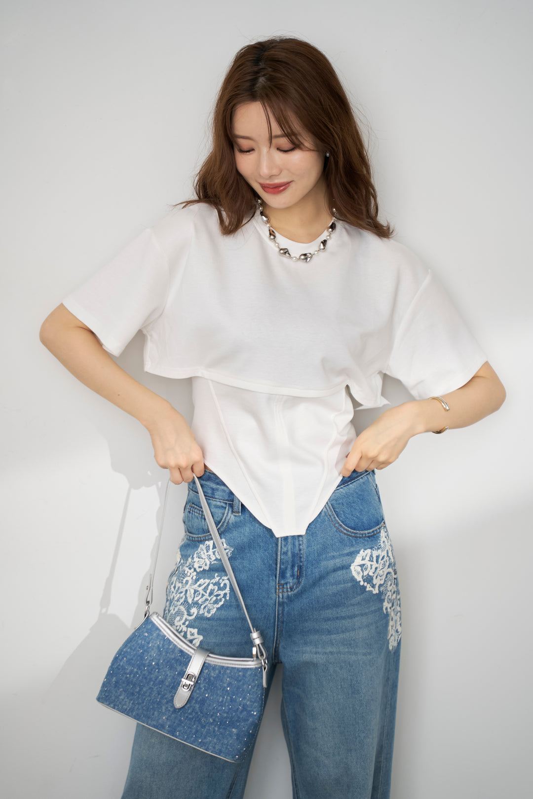 [予約/SET]バックレースアップTシャツ+レースプリントデザインデニムパンツ(2set)