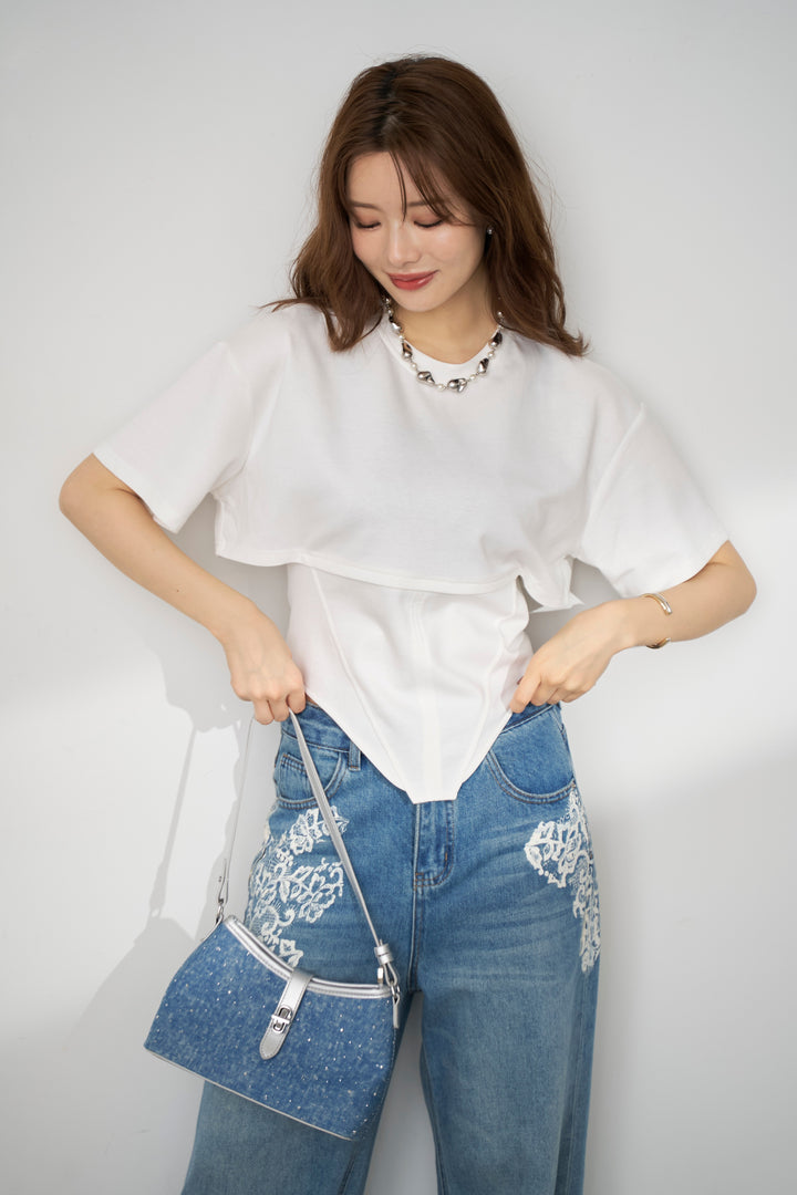 [予約/SET]バックレースアップTシャツ+レースプリントデザインデニムパンツ(2set)
