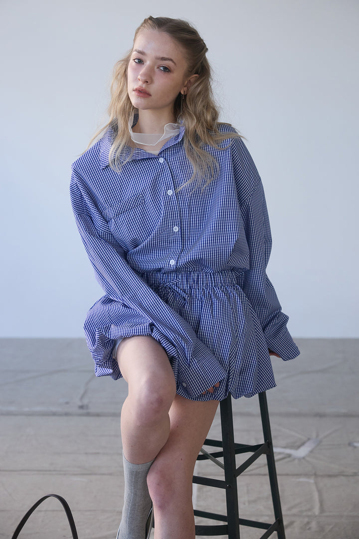 [予約/SET]ハイネックシアーフリルヘムトップス+ギンガムチェックバルーンミニボトムセットアップ(2set)