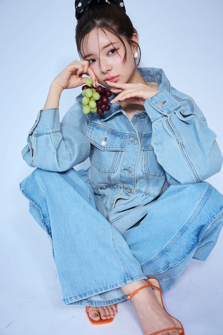 [予約/SET]ペプラムデニムジャケット+フリルウェーブデニムパンツ(2set)