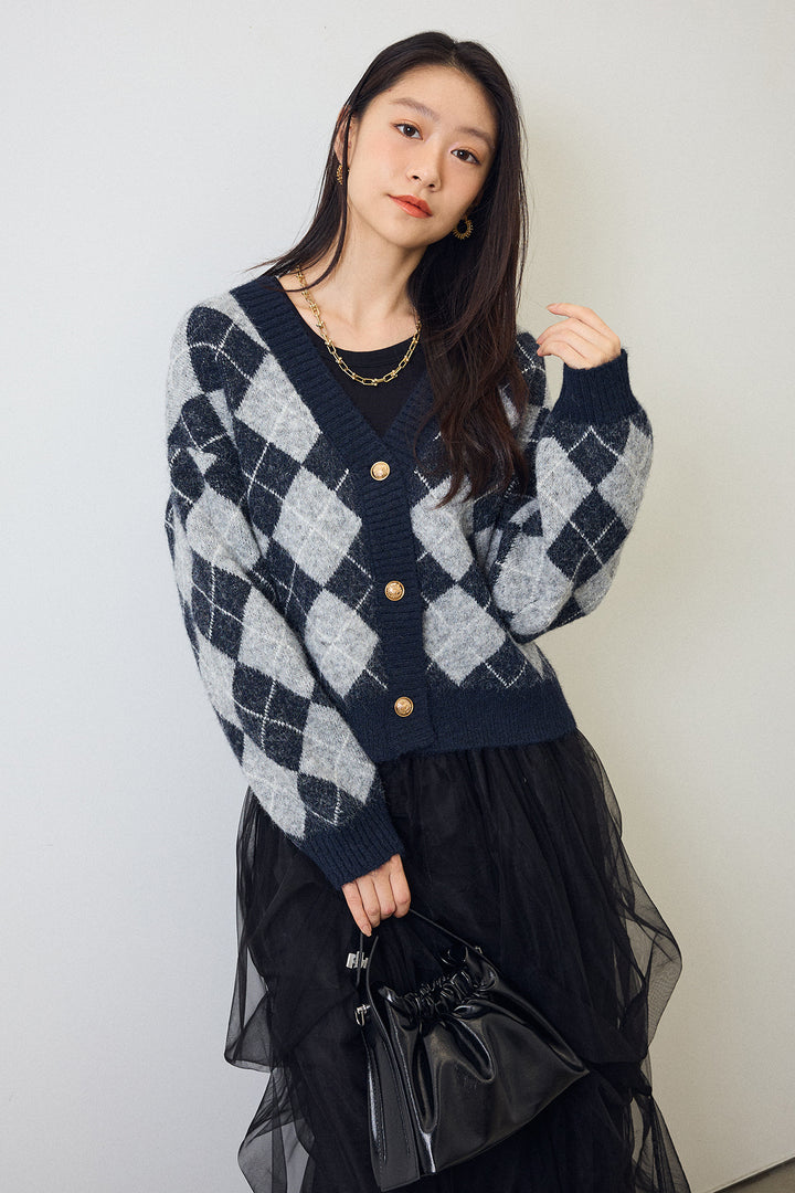 [予約]アーガイル柄ゴールドボタンニットカーデ