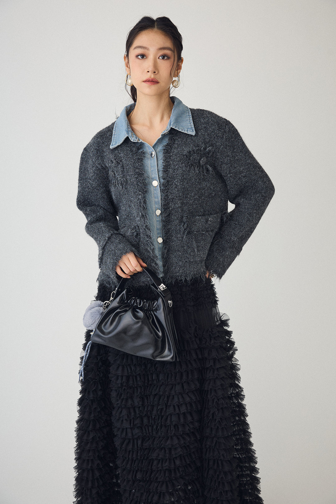 [予約/SET]デニムシャツドッキングツイードカーデ+ホイップチュールティアードスカート(2set)