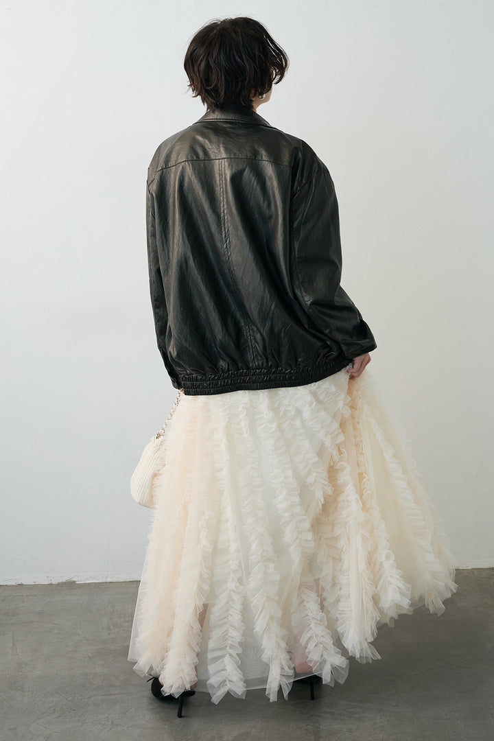 [予約/SET]グロッシーワッシャーレザーライクジャケット+Iラインホイップチュールスカート(2set)