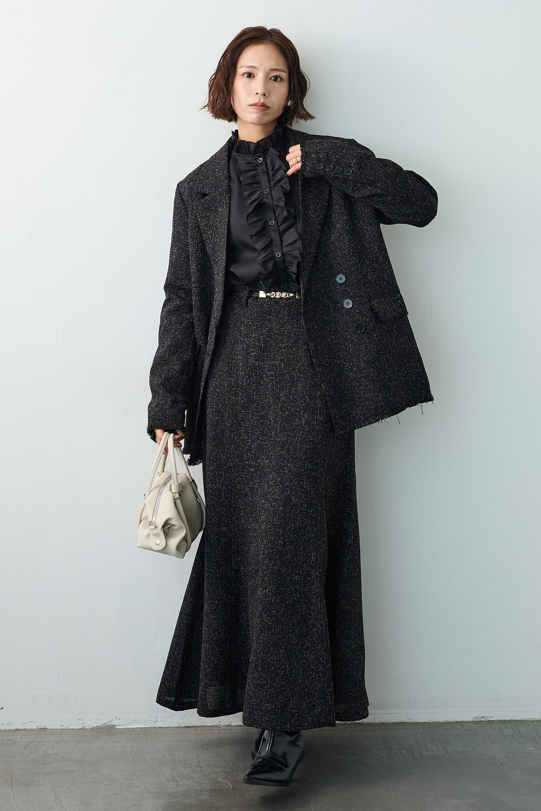 [予約/SET]スラブネップツイードフリンジテーラージャケット+スラブネップツイードフレアスカート(2set)