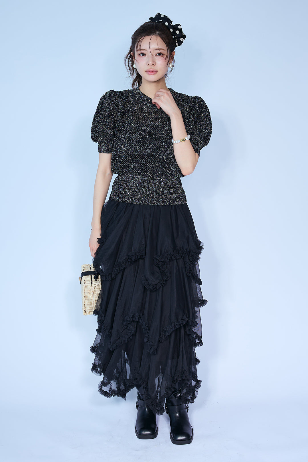 [予約/SET]ラメ混パフスリーブハーフスリーブニット+ムードチュールフリルスカート(2set)