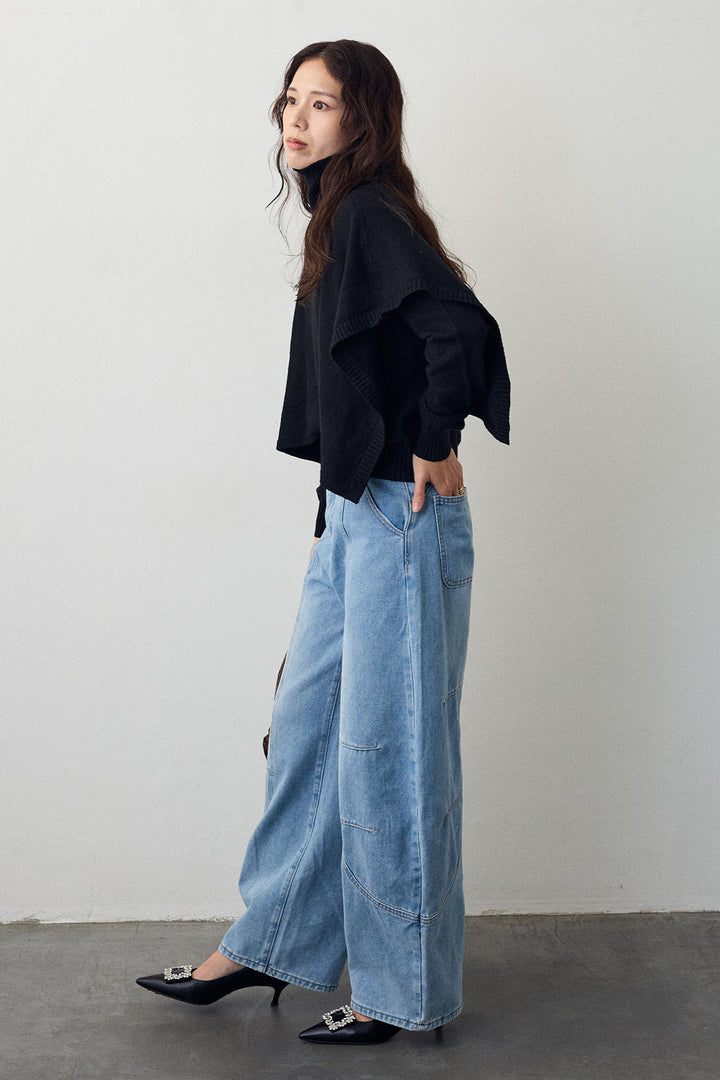 [予約/SET]アシメケープ2wayニット+ステッチ美ラインカーブデニムパンツ(2set)