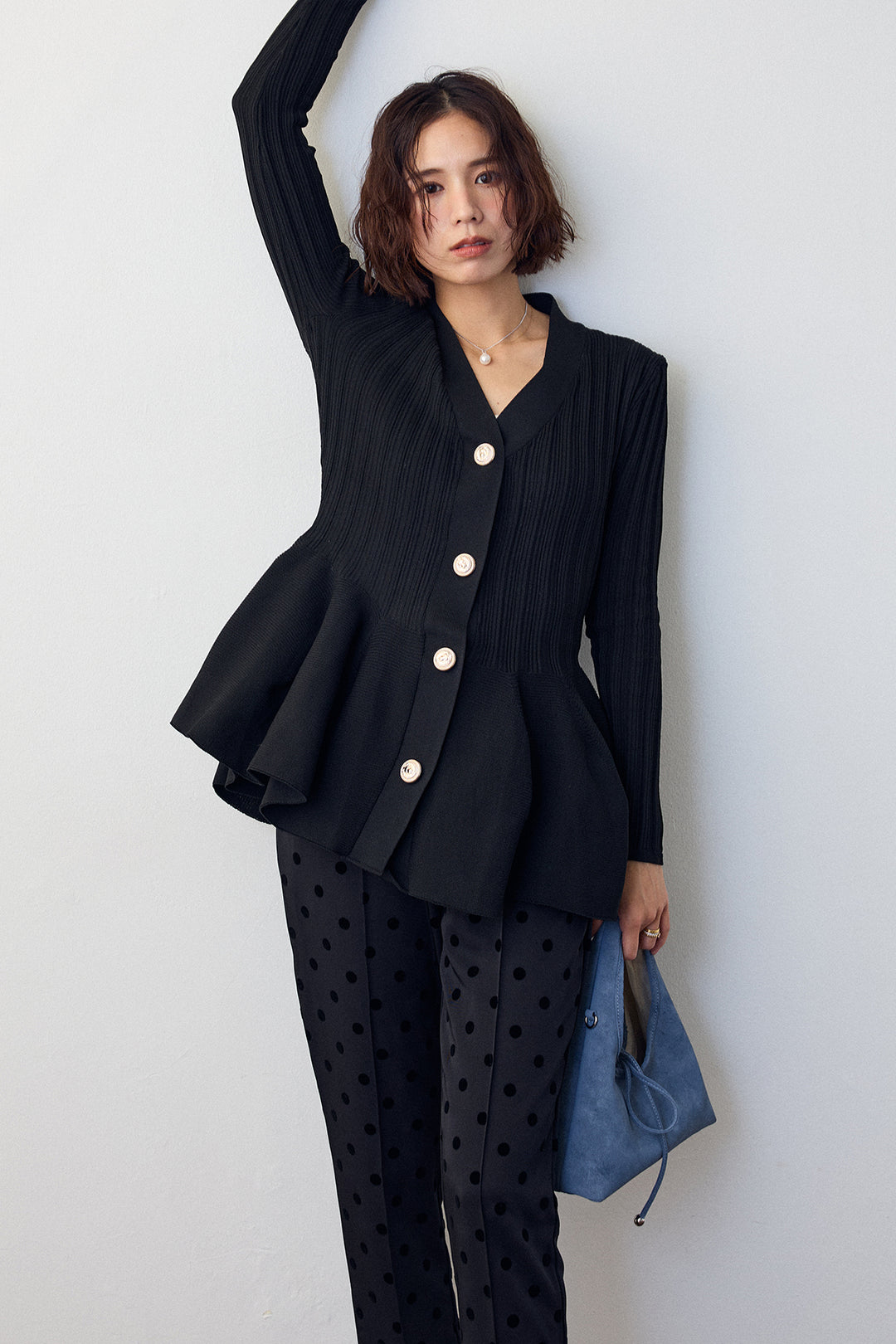 [予約/SET]リブ美ラインペプラムニット+ドット柄センターラインテーパードパンツ(2set)