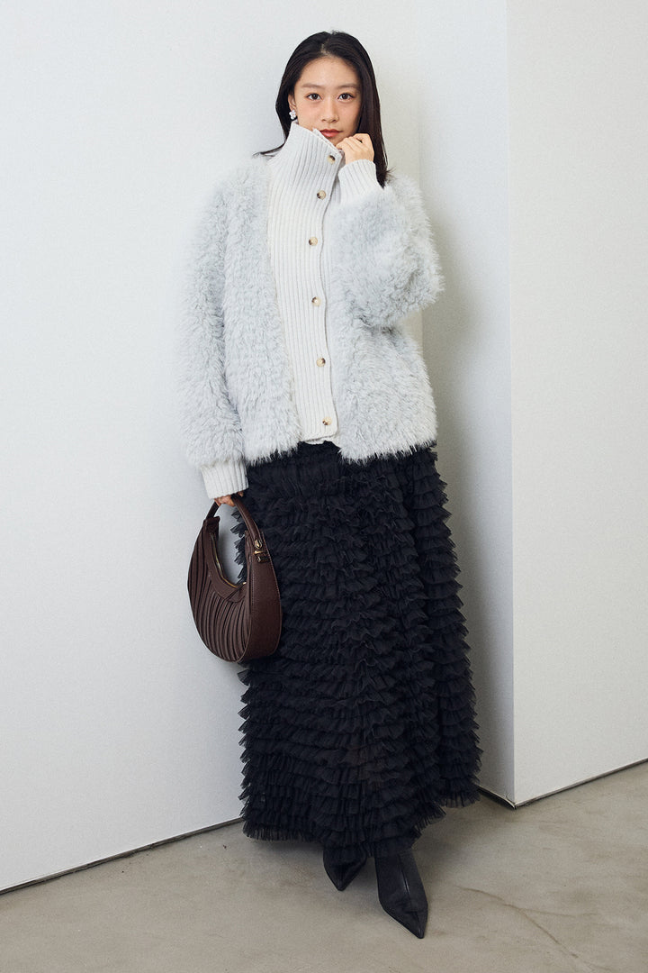 [予約/SET]シャギーファー×リブニットミックスジャケット+ホイップチュールティアードスカート(2set)