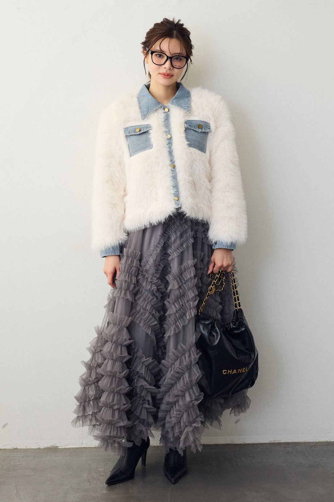 [予約/SET]デニムシャツドッキングファージャケット+スフレアシメチュールスカート(2set)