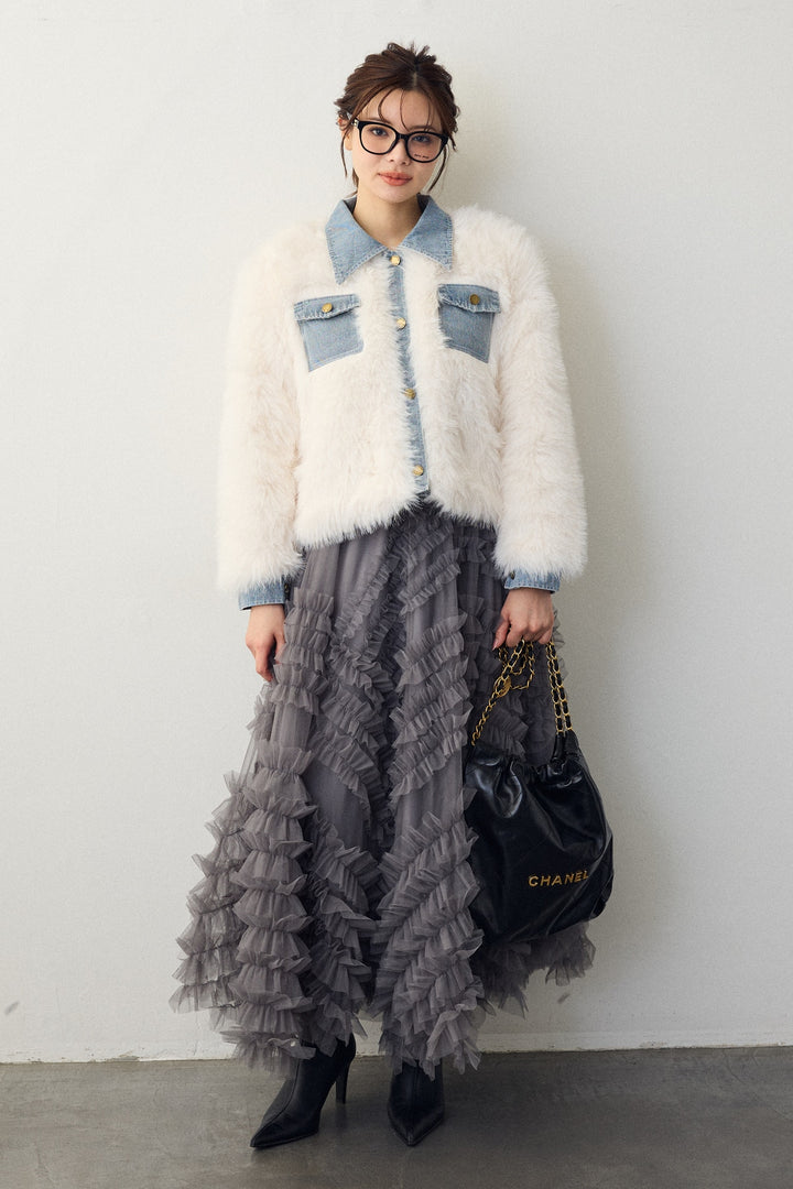 [予約/SET]デニムシャツドッキングファージャケット+スフレアシメチュールスカート(2set)