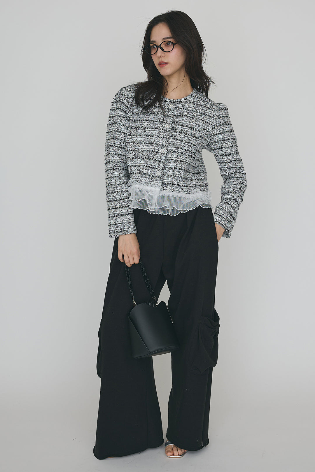 [予約/SET]プリーツフリルヘムライトツイードジャケット+ライトスウェットサイドリボンパンツ(2set)