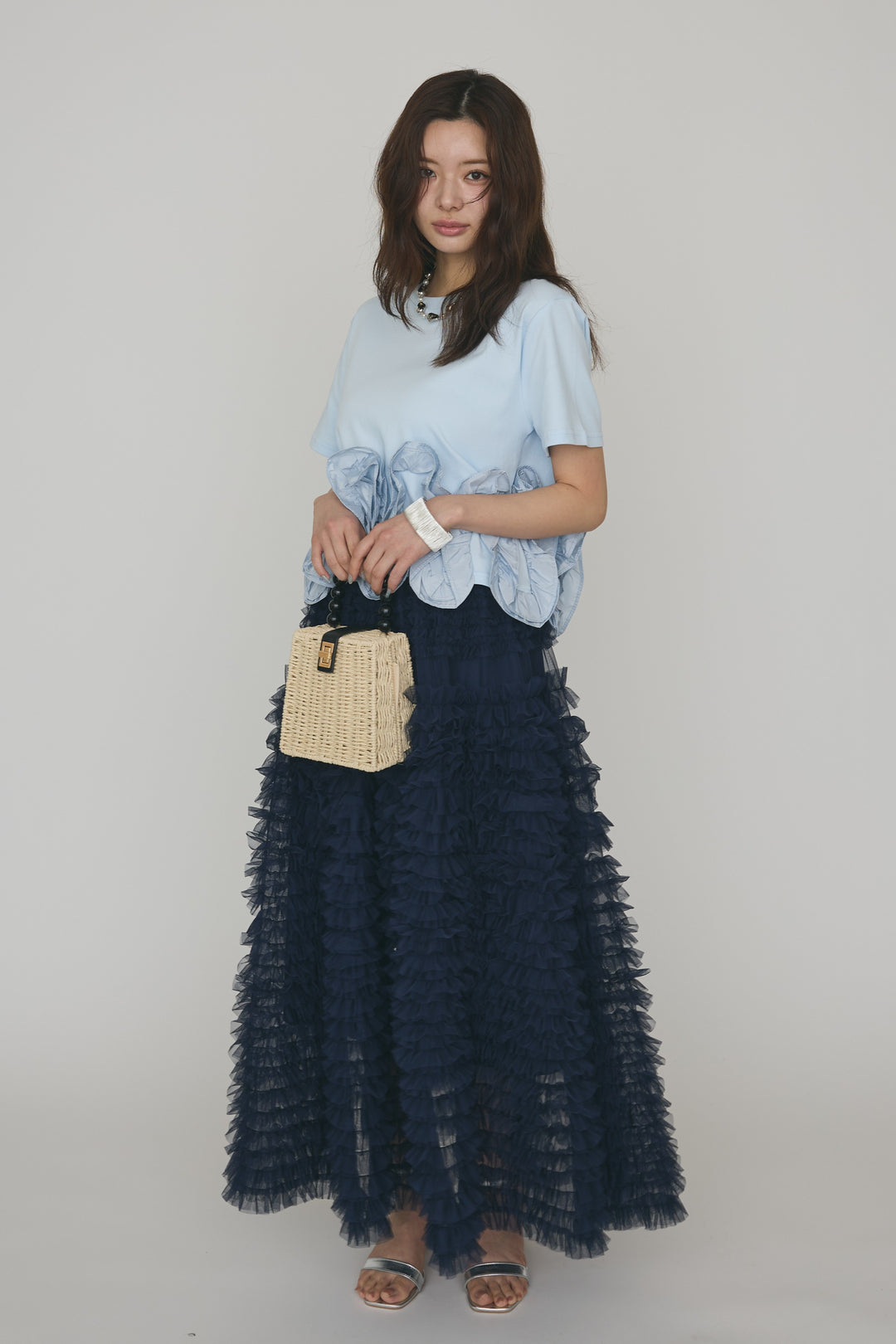 [予約/SET]フリルウェーブヘムカットTシャツ+ホイップチュールティアードスカート(2set)