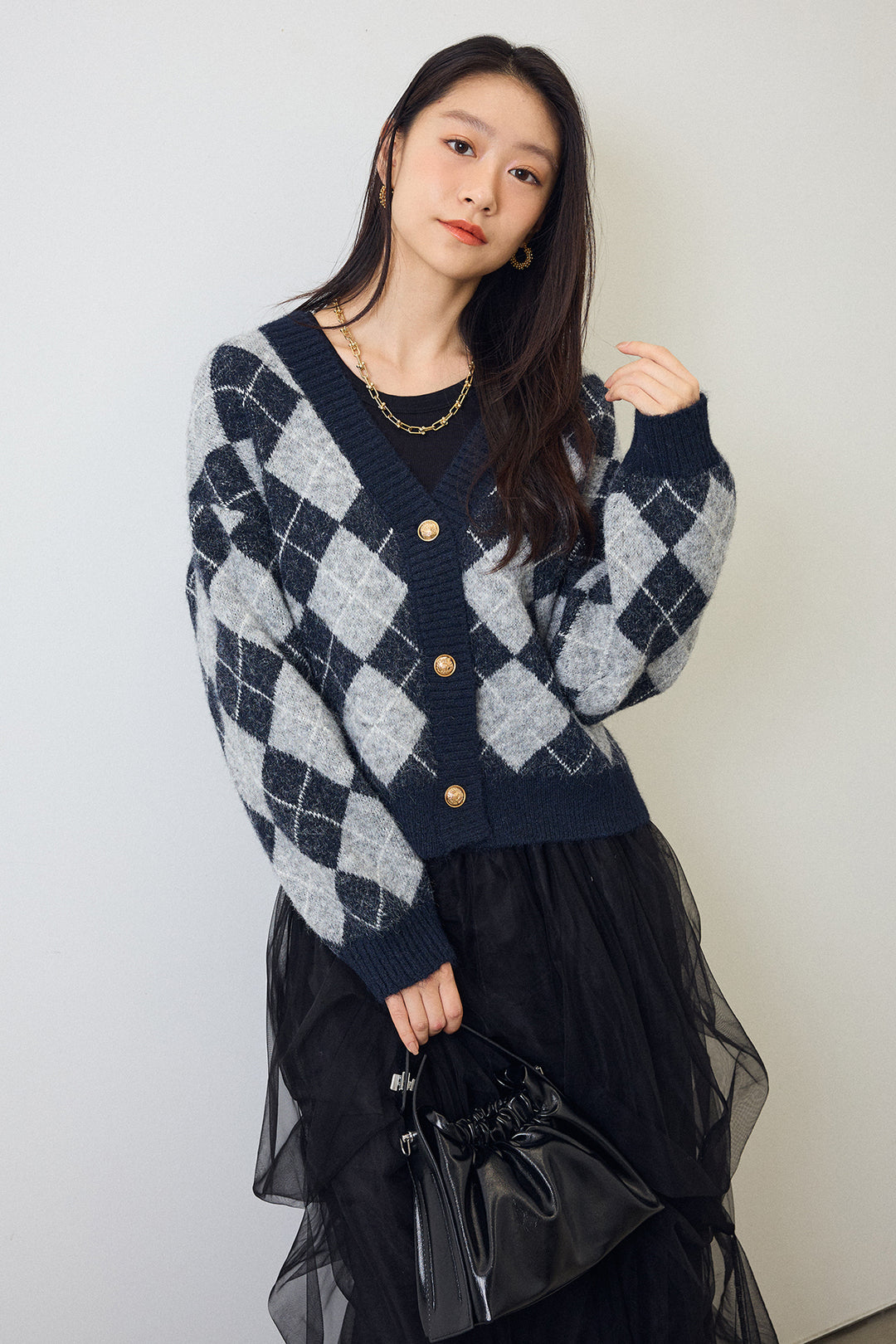 [予約/SET]アーガイル柄ゴールドボタンニットカーデ+マルチパターンタックチュールスカート(2set)