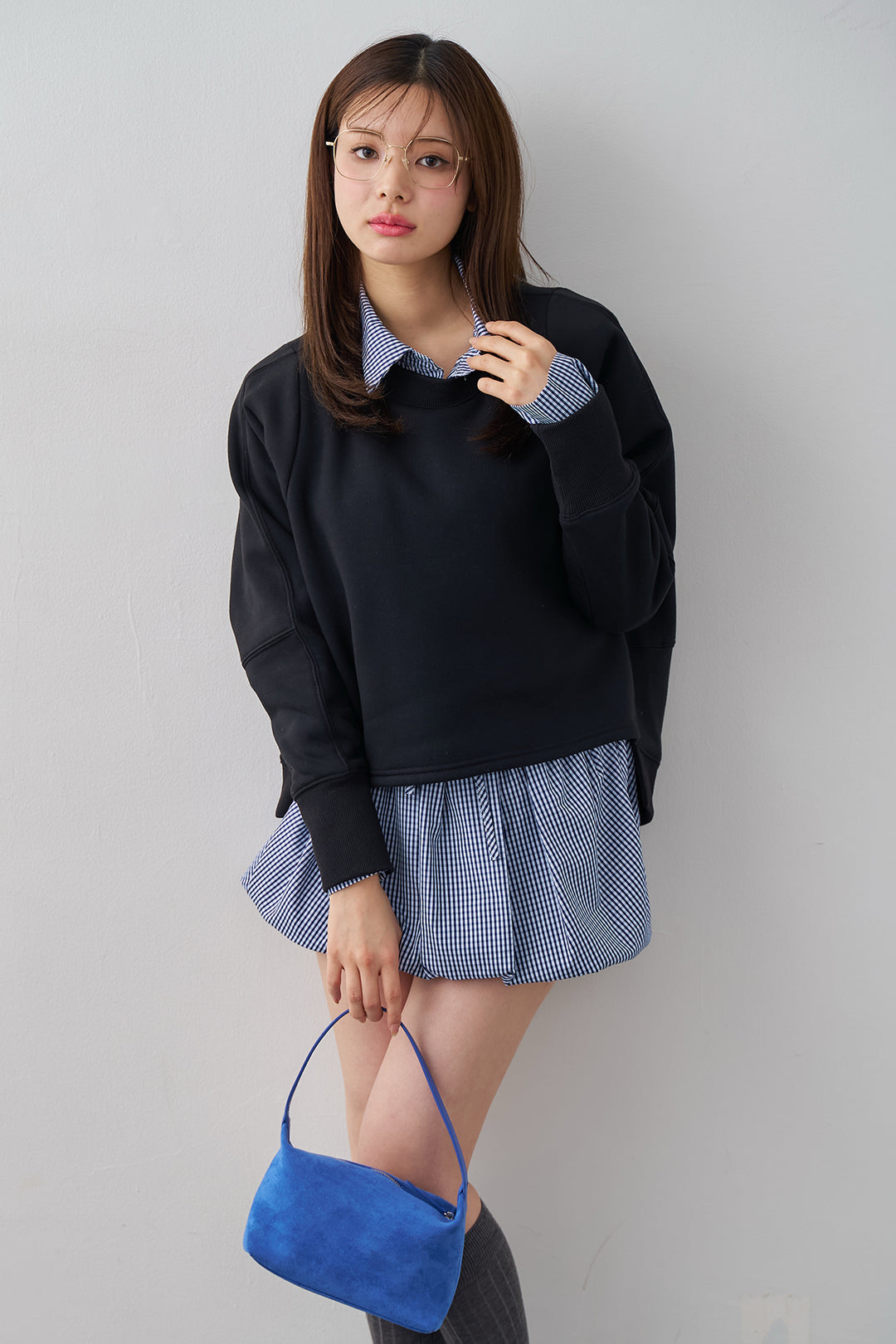 [予約/SET]ギンガムチェックバルーンミニボトムセットアップ+コクーンシルエットライトスウェットPO(2set)