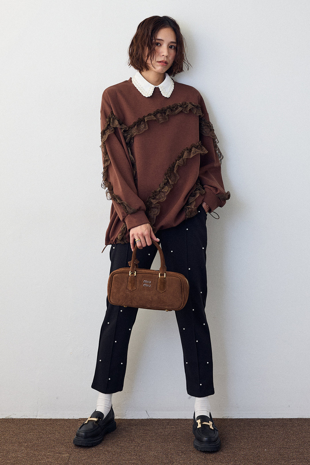 [予約/SET]レースフリルランダムラインスウェット+センターシームランダムパールパンツ(2set)