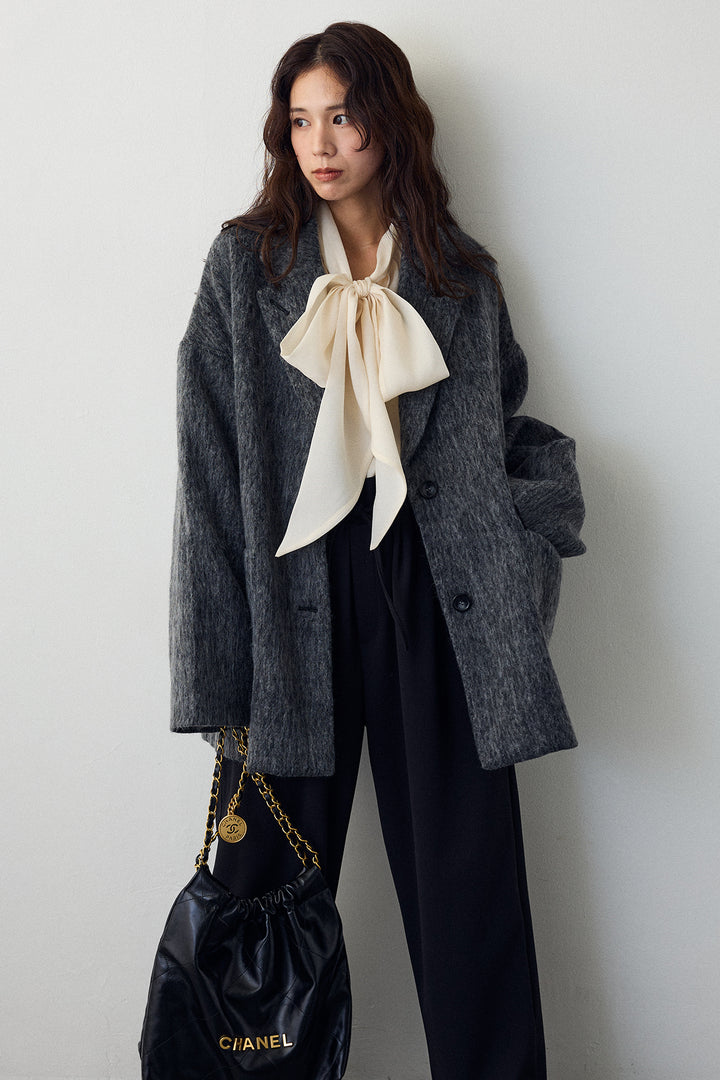 [予約/SET]前後2wayリボンシアーブラウス+シャギーミドル丈コート+2タック美シルエットパンツ(3set)