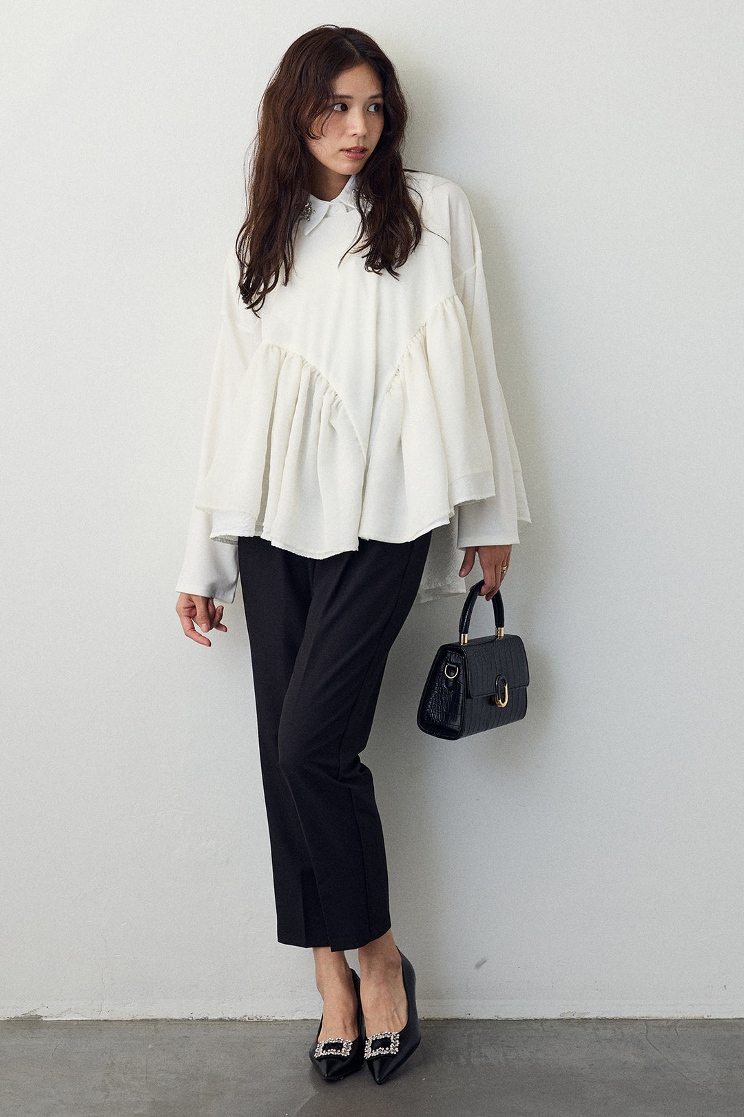 [予約/SET]フリルテール異素材切替チュニック+タックテーパードパンツ(2set)