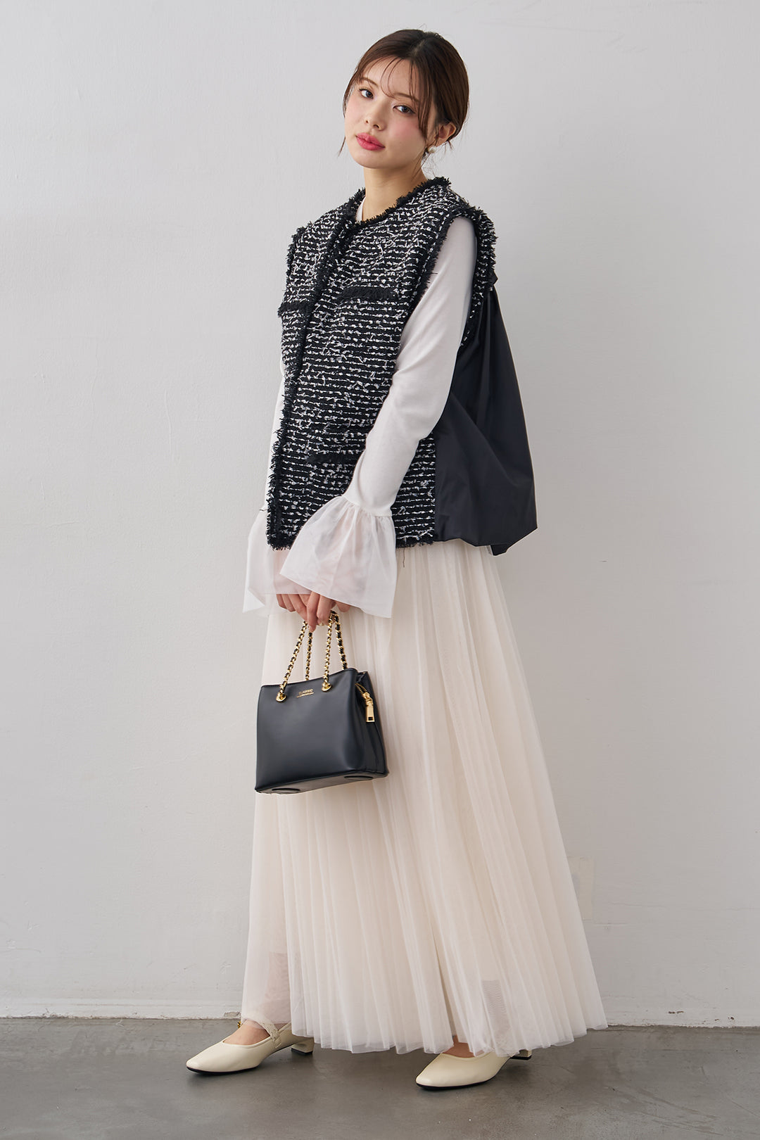 [予約/SET]チュールシアーカフスリブニット+異素材切り替えツイードベスト+エアリーチュールフレアスカート(3set)