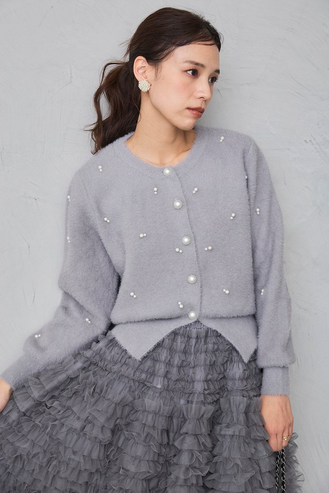 [予約/SET]ミックスパールシャギーコーディガン+ホイップチュールティアードスカート(2set)