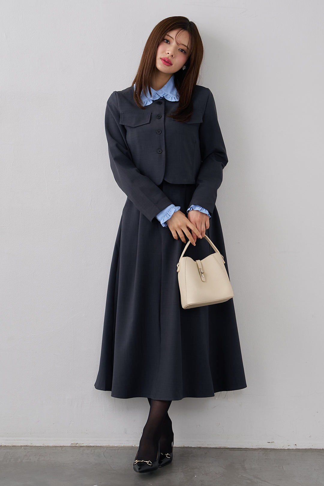 [予約/SET]ミニフリル襟ボリュームスリーブブラウス+ノーカラークロップドジャケットスカートセット(2set)