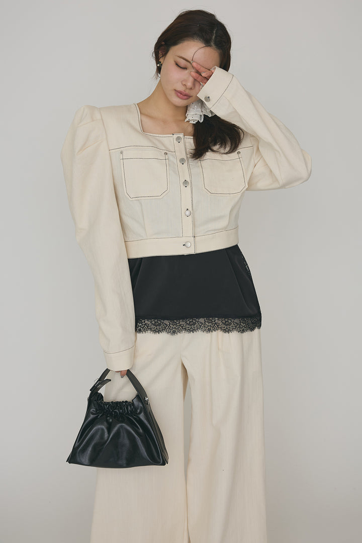 [予約/SET]ステッチパフスリーブクロップドジャケット+ステッチデザインハイウエストデニムパンツ(2set)