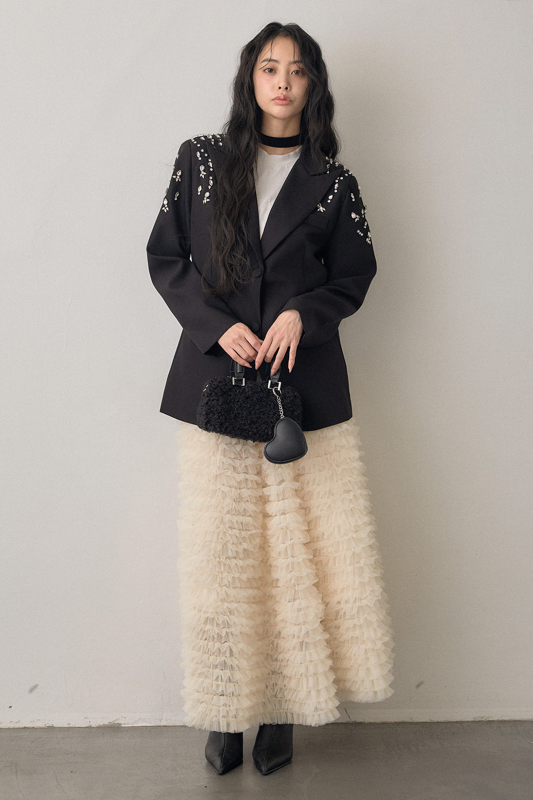 [予約/SET]ショルダービジューマニッシュジャケット+ホイップチュールティアードスカート(2set)