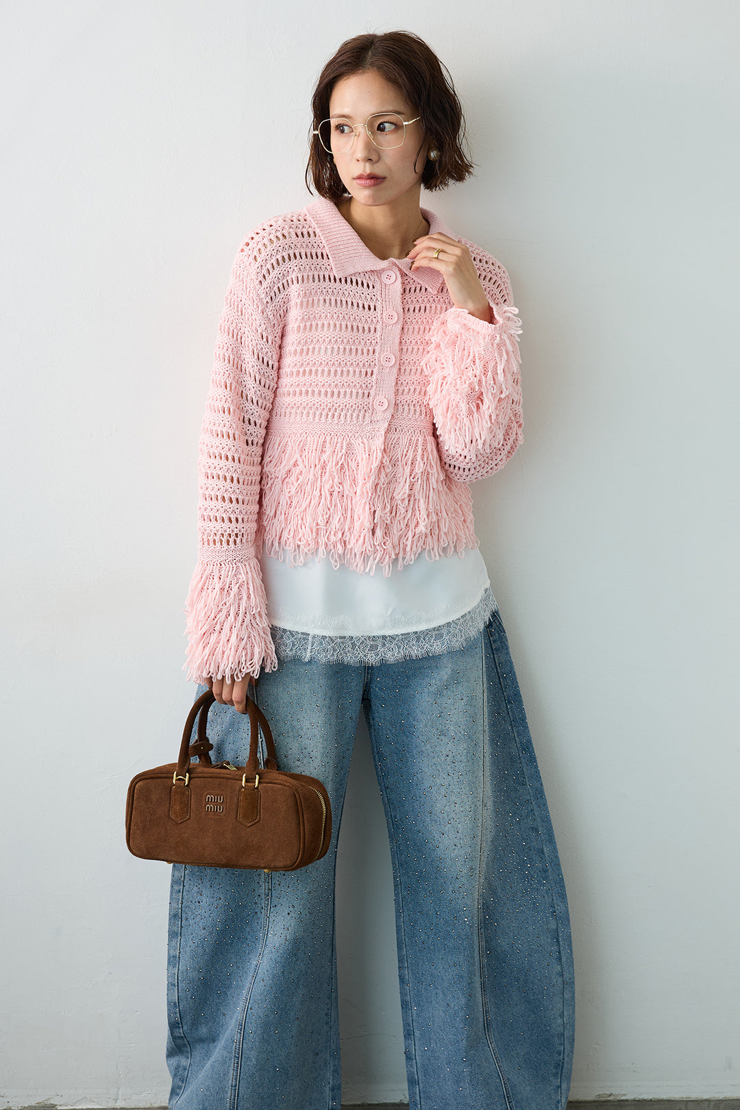 [予約]メッシュフリンジクロップドニット