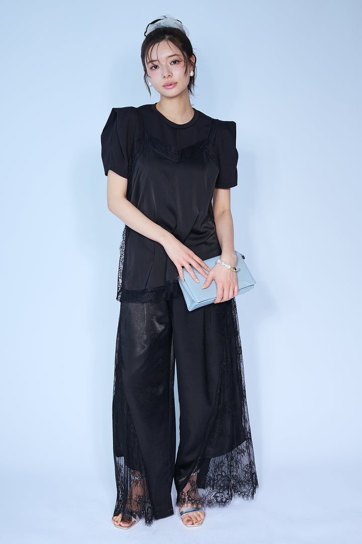 [予約/SET]スクエアショルダーデザインカットトップス+マットサテンレースキャミソール+サイドレースデザインリラックスパンツ(3set)