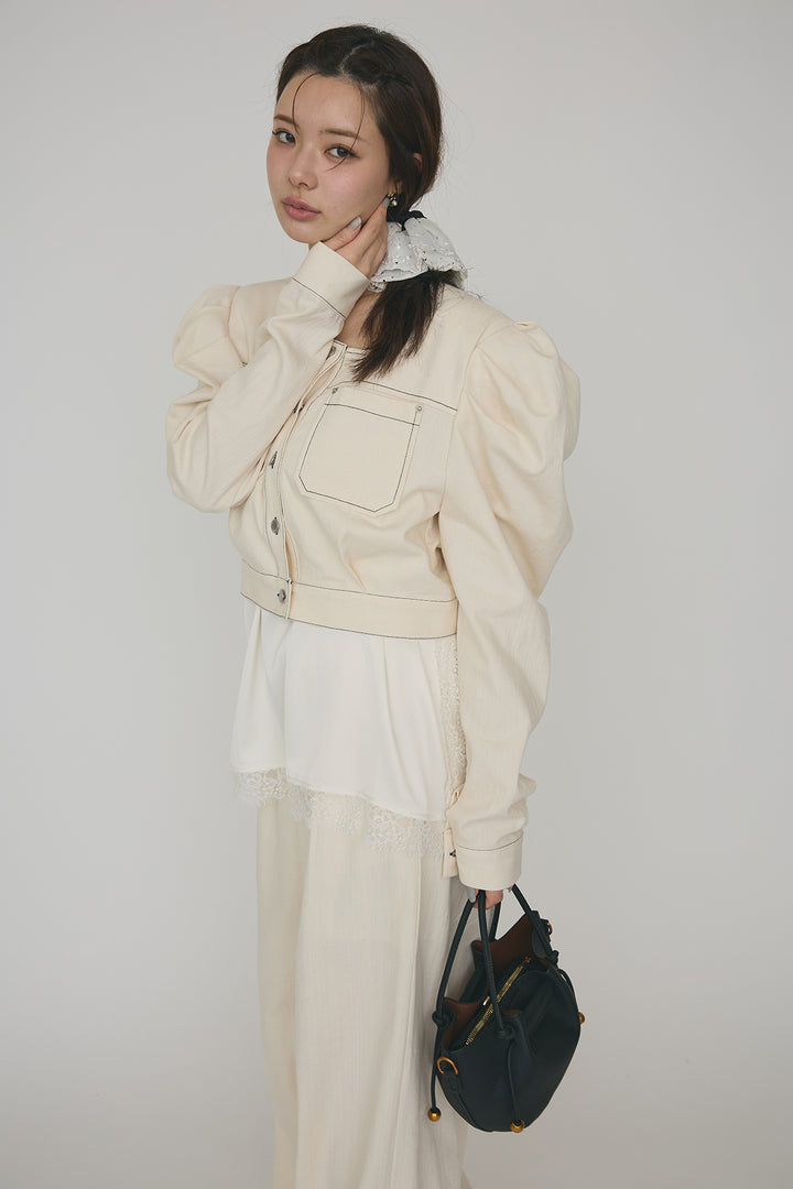 [予約/SET]マットサテンレースキャミソール+ステッチパフスリーブクロップドジャケット+ステッチデザインハイウエストデニムパンツ(3set)