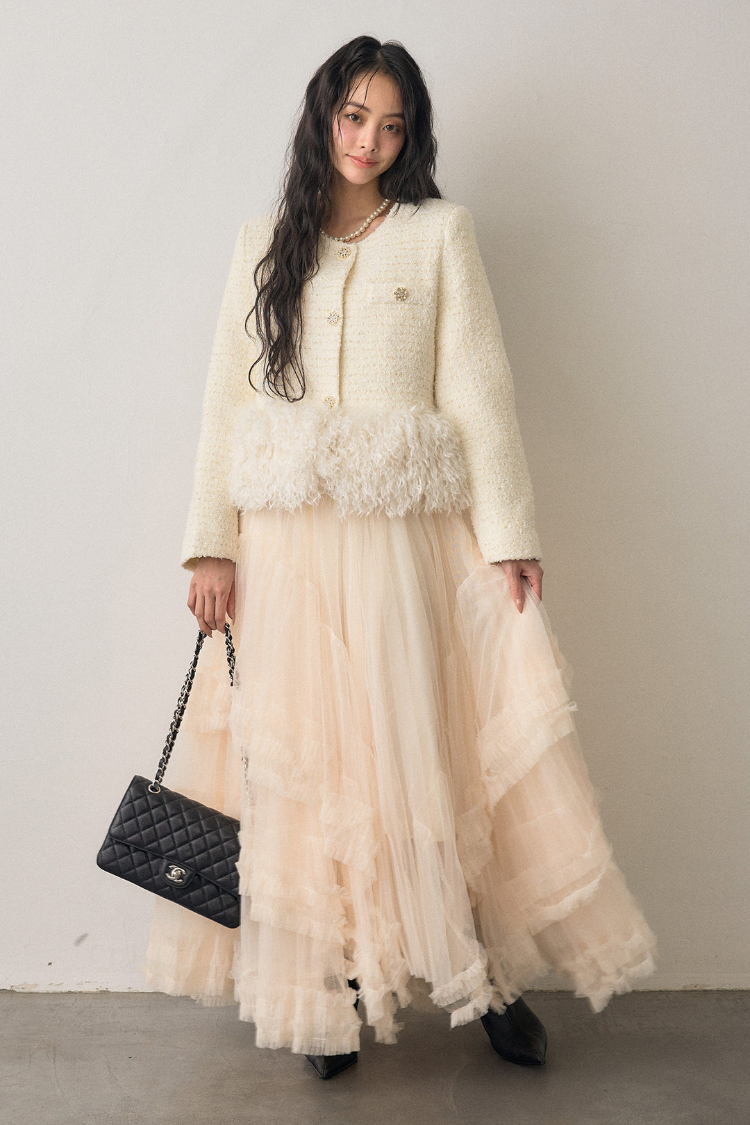 [予約/SET]中綿ツイードロングファードッキングジャケット+フェアリードレープチュールスカート(2set)