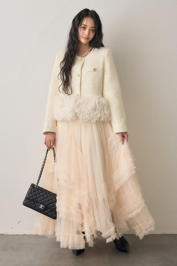 [予約/SET]中綿ツイードロングファードッキングジャケット+フェアリードレープチュールスカート(2set)