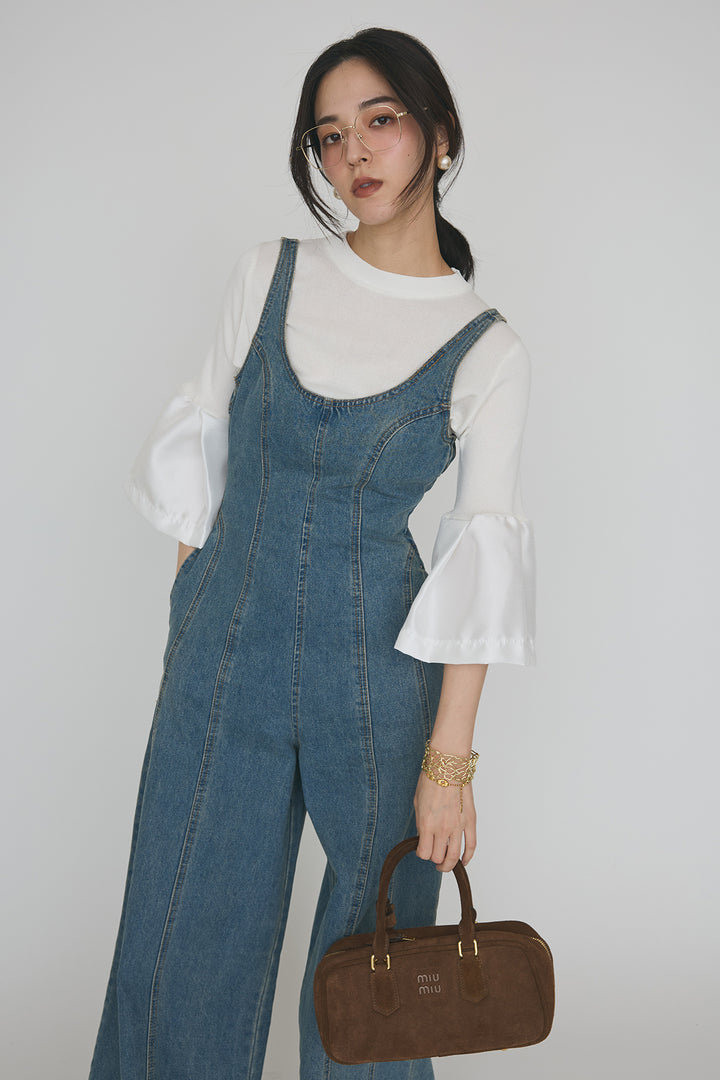 [予約/SET]タックフレア異素材ドッキングニットPO+美ラインデニムサロペット(2set)