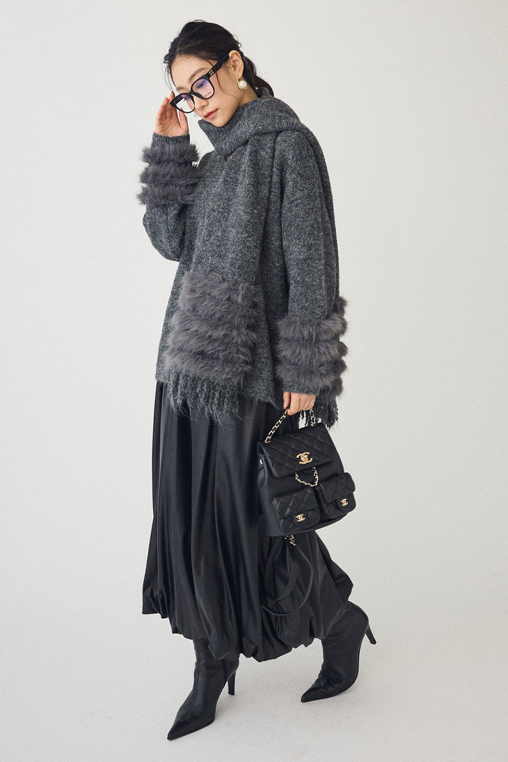 [予約/SET]マフラー付きファーラインデザインニットカーデ+レザーライクバルーンスカート(2set)