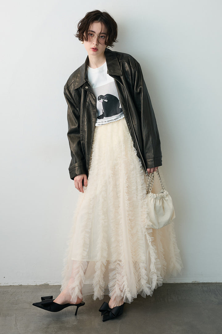 [予約/SET]グロッシーワッシャーレザーライクジャケット+Iラインホイップチュールスカート(2set)