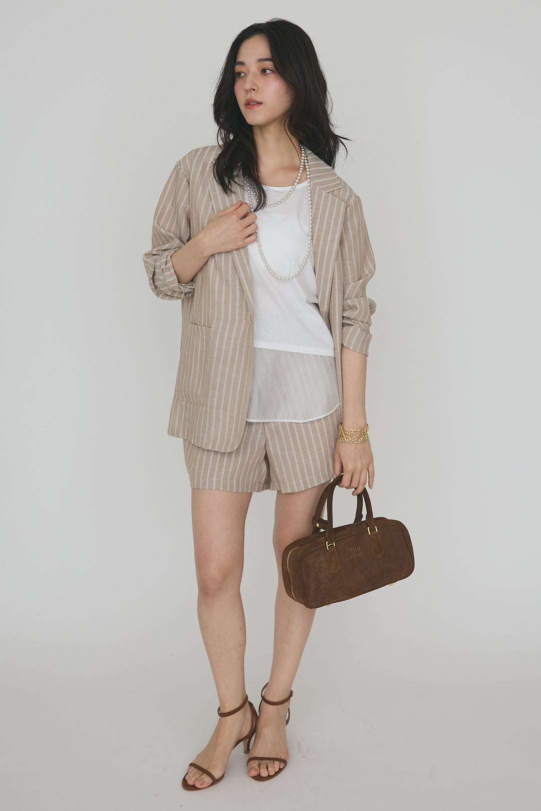 [予約/SET]ドライタッチオーガンジー切替タンクトップ+ストライプライトジャケットセットアップ(2set)