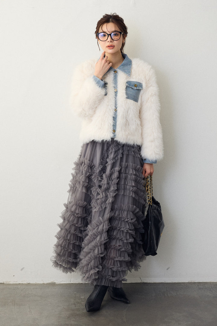 [予約/SET]デニムシャツドッキングファージャケット+スフレアシメチュールスカート(2set)