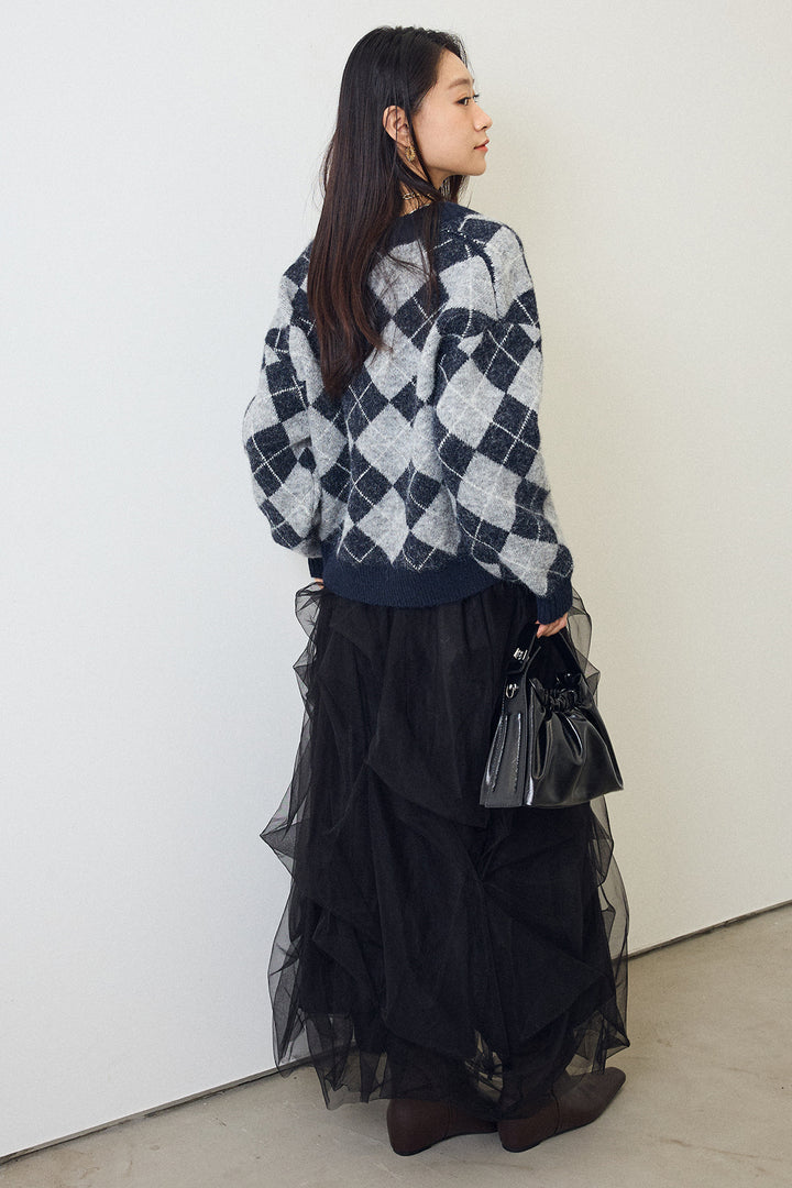 [予約/SET]アーガイル柄ゴールドボタンニットカーデ+マルチパターンタックチュールスカート(2set)