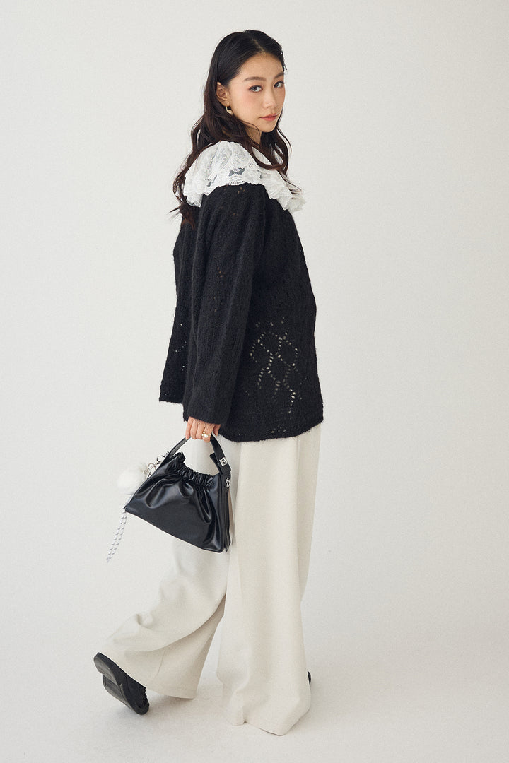 [予約/SET]ダブルレースカラードッキングニット+とろみタックハイウエストタックワイドパンツ(2set)