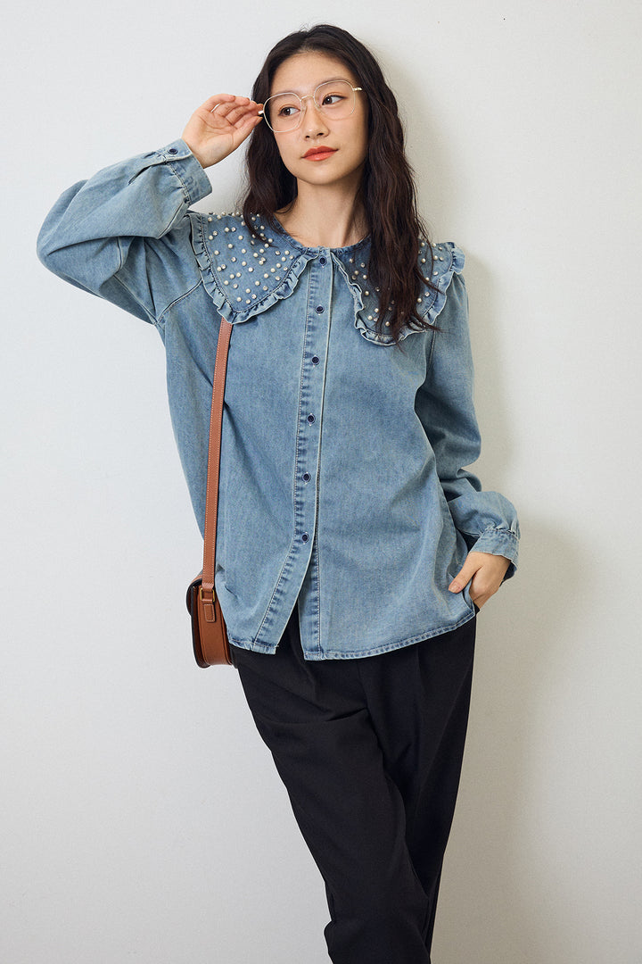 [予約/SET]パールBIGカラーデニムシャツ+タックテーパードパンツ(2set)