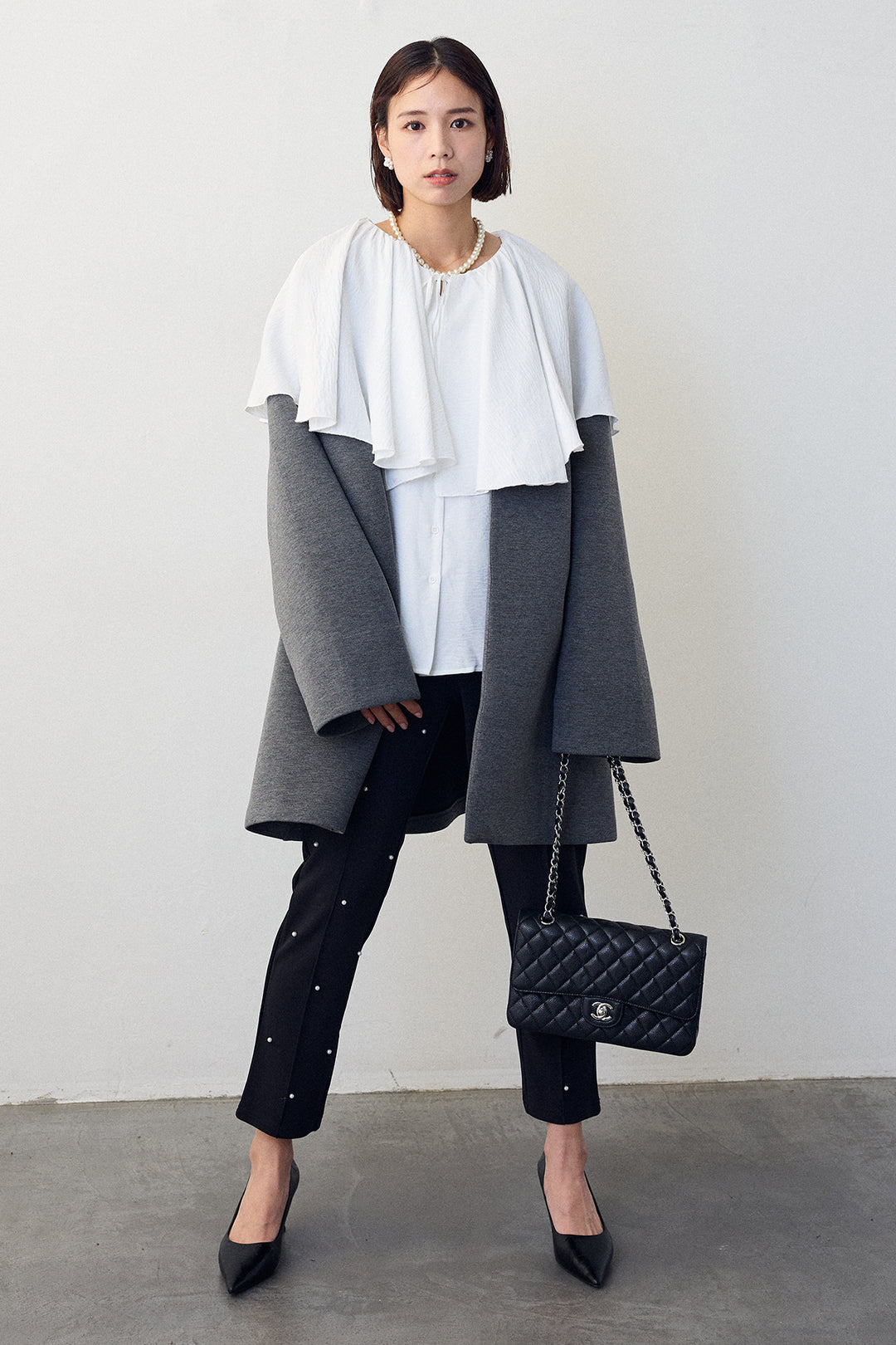 [予約/SET]BIGフリルカラーブラウス+フリルポケットボンディングノーカラーコート(2set)