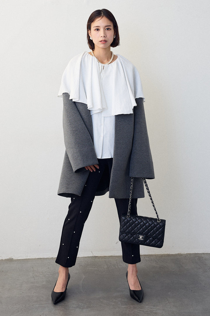 [予約/SET]BIGフリルカラーブラウス+フリルポケットボンディングノーカラーコート(2set)