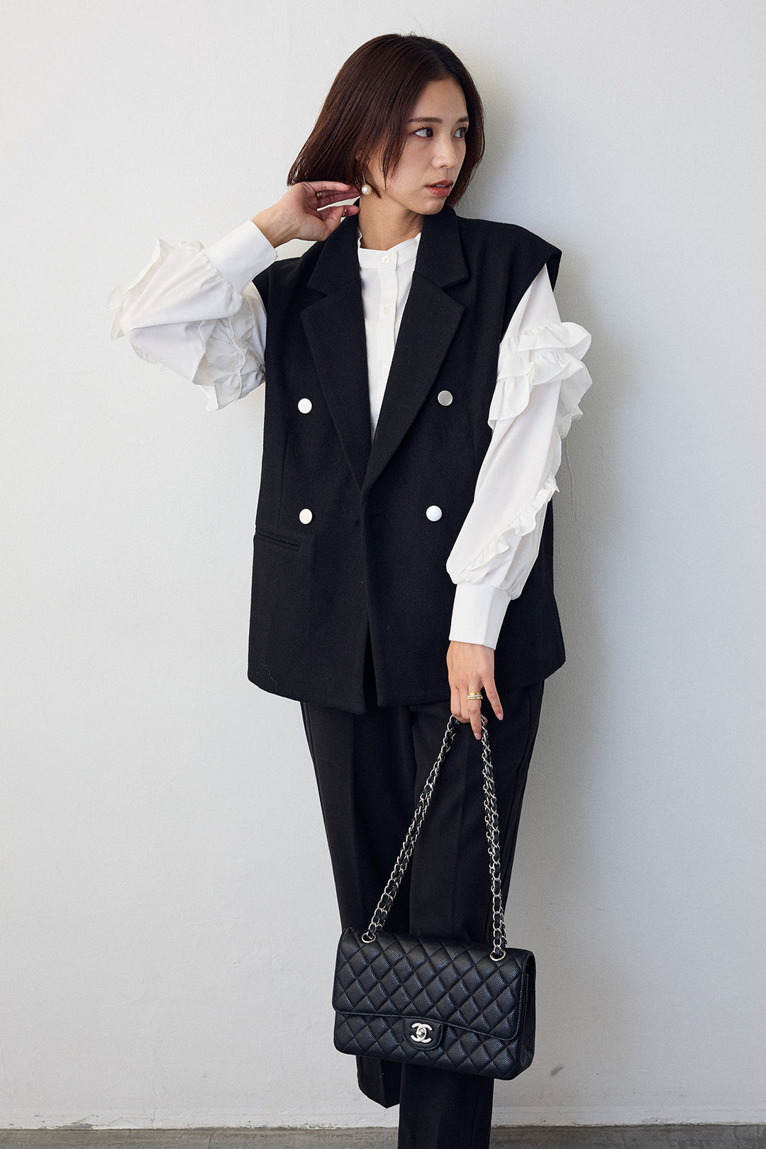 [予約]スタンドカラーラッフルフリルスリーブブラウス