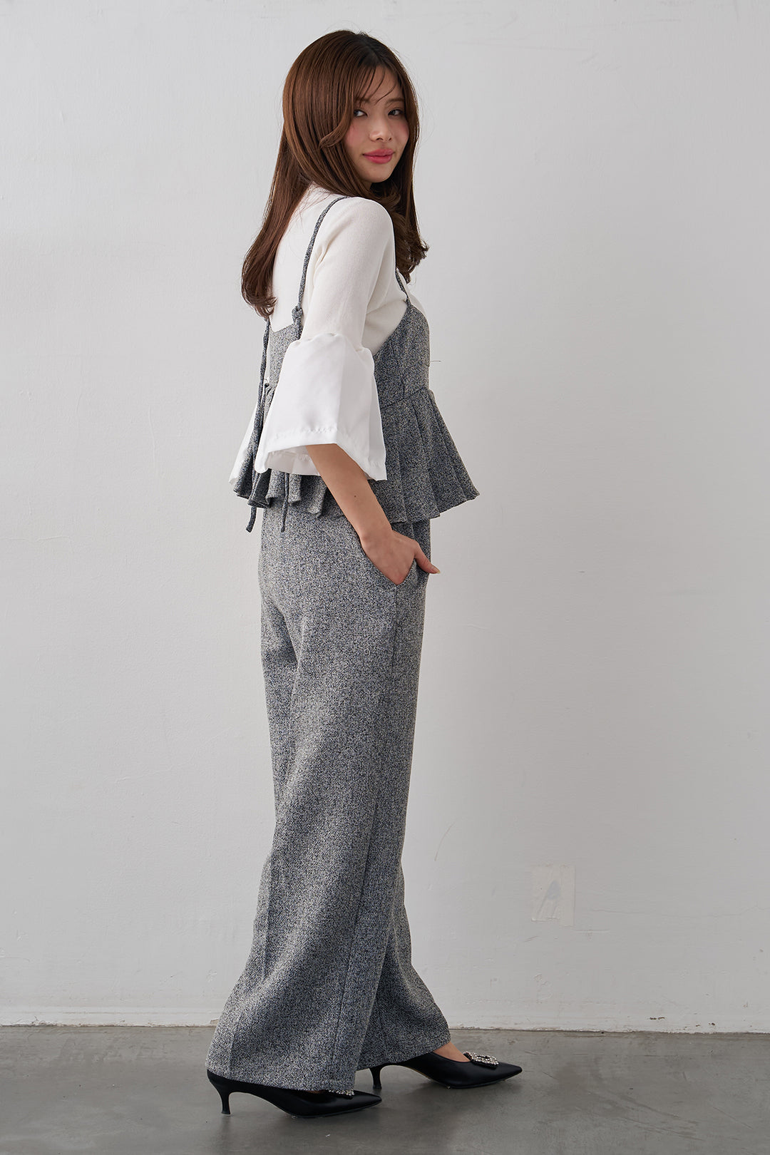 [予約/SET]タックフレア異素材ドッキングニットPO+プリーツビスチェオールインワン(2set)