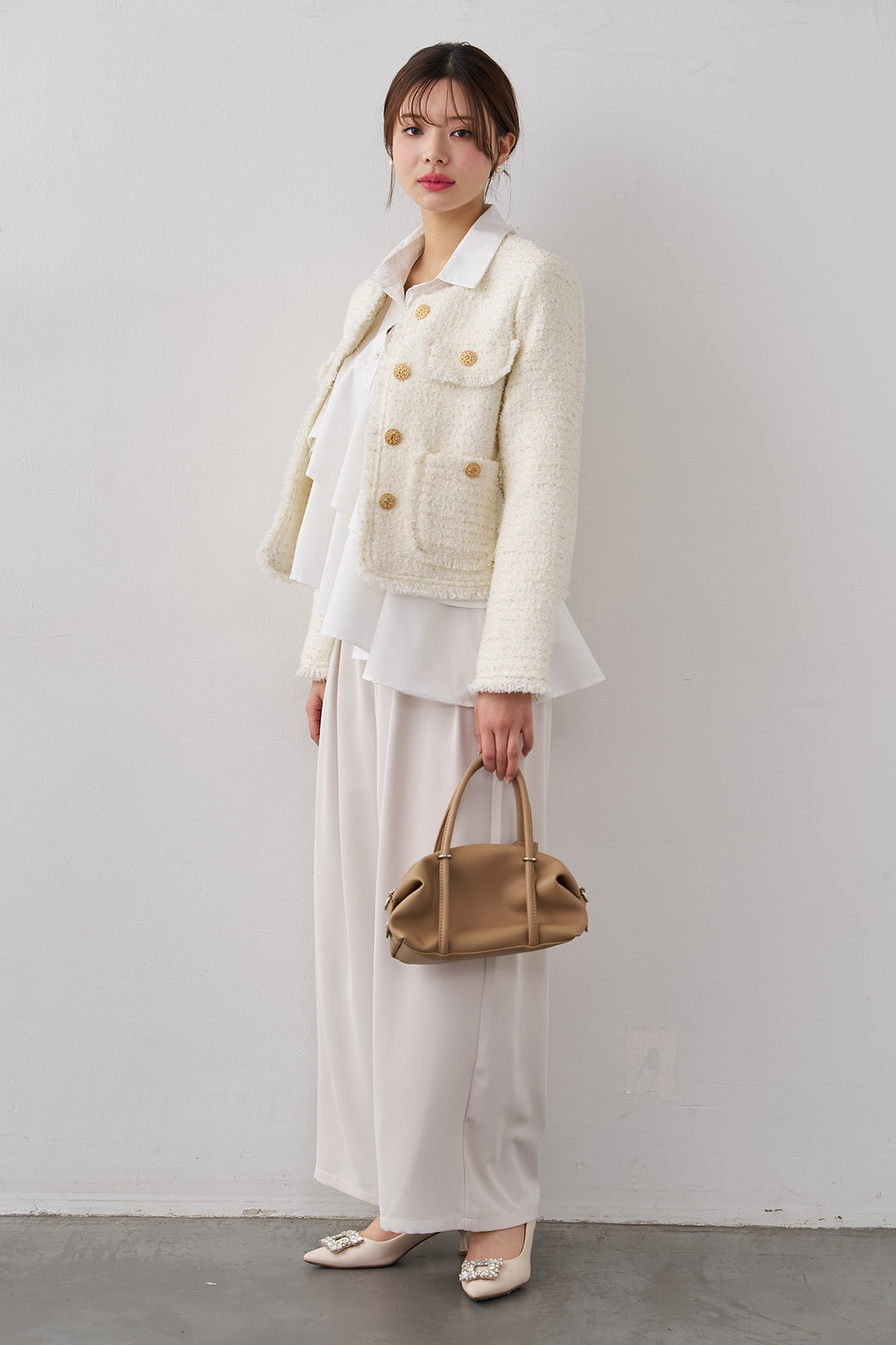 [予約/SET]フリンジツイードゴールドボタンジャケット+エステルツイルタックワイドカラーパンツ(2set)
