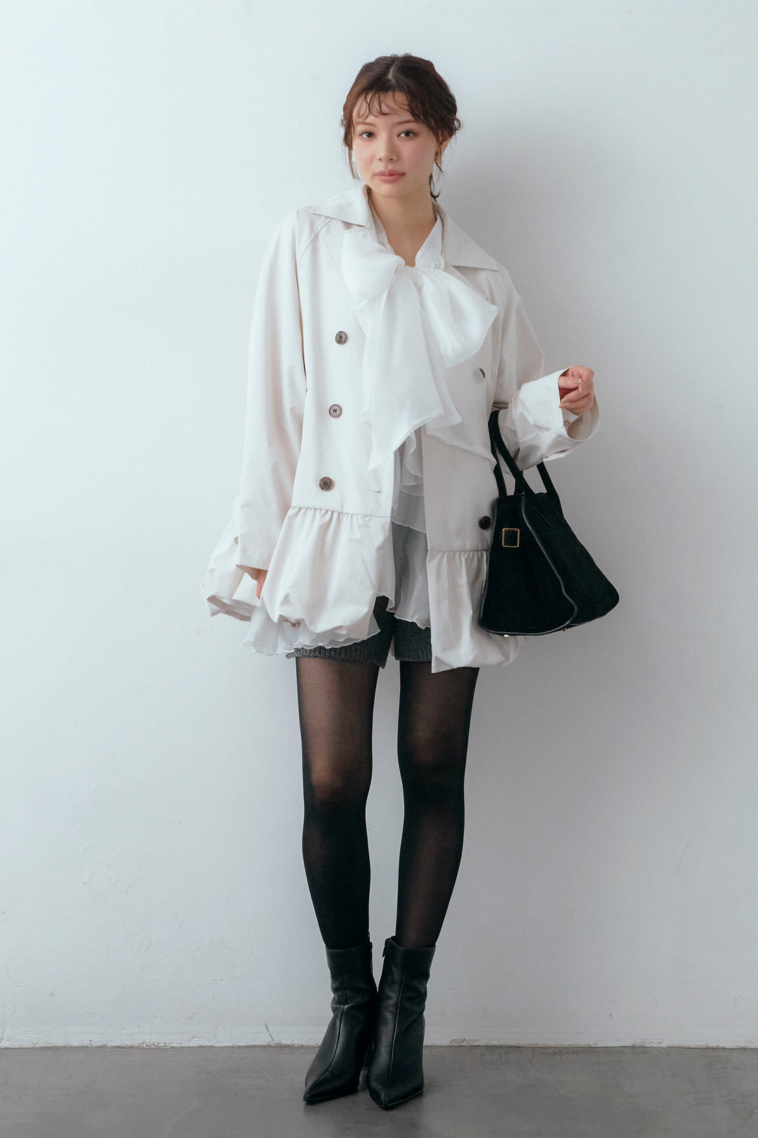 [予約/SET]フロントBIGリボンティアードエアリーチュニック+バルーンヘムミディ丈トレンチコート(2set)