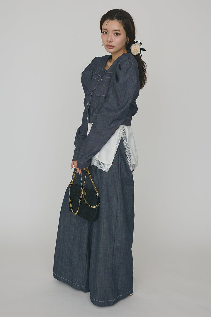 [予約/SET]ステッチパフスリーブクロップドジャケット+ステッチデザインハイウエストデニムパンツ(2set)