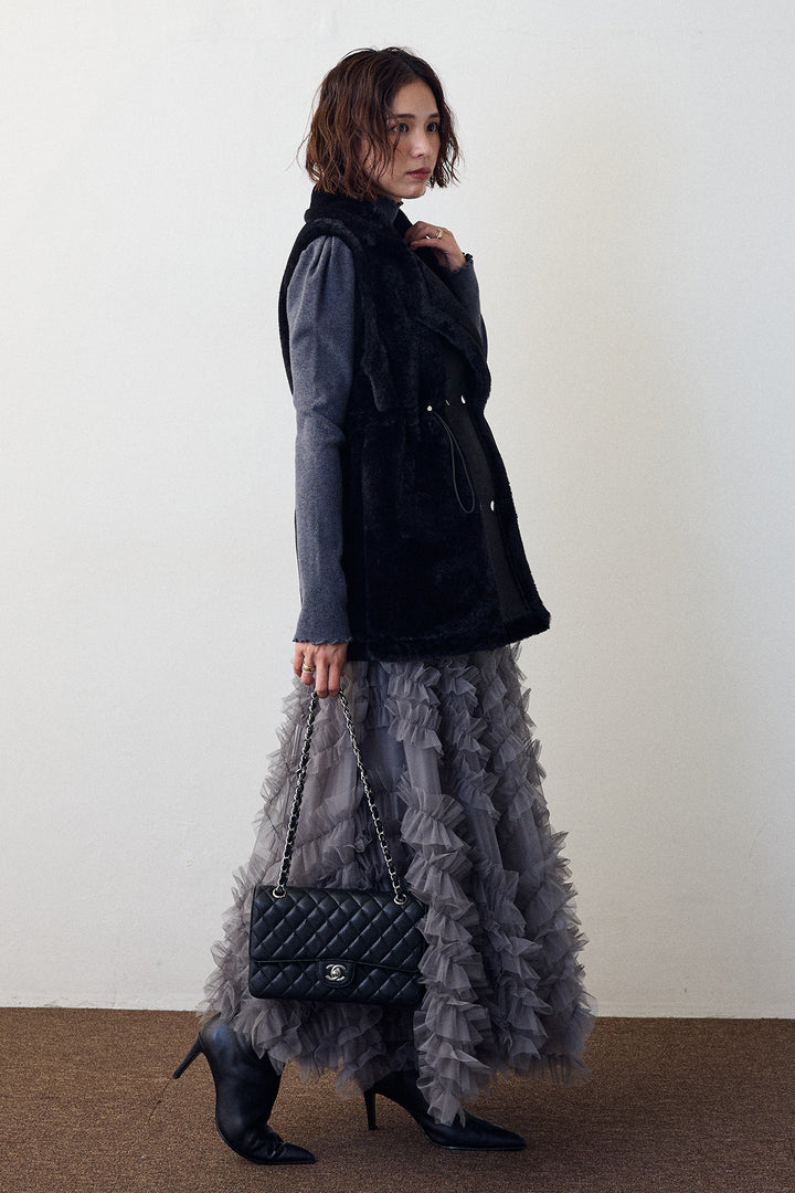 [予約/SET]ネックショルダーパールポイントニット+テディボアウエストドロストベスト+スフレアシメチュールスカート(3set)