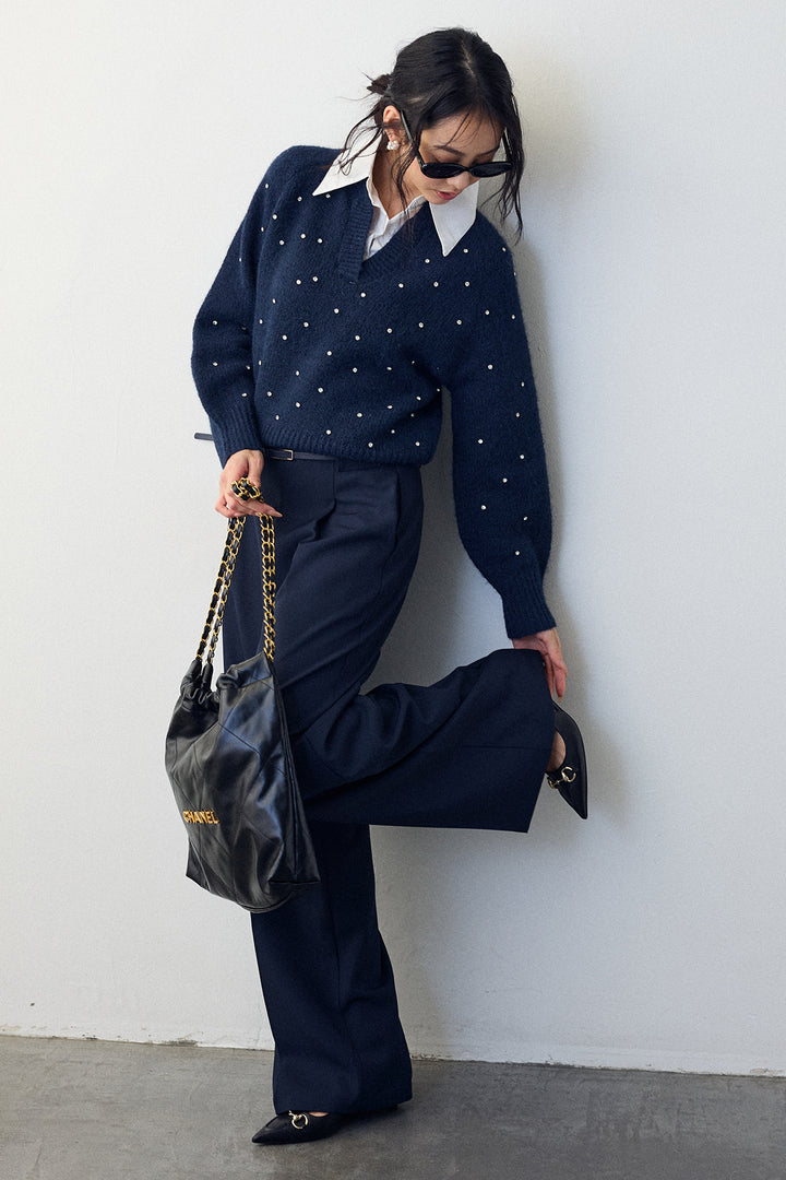 [予約/SET]シャツ襟ラインストーンニットPO+ポイントベルトセットストレートワイドパンツ(2set)