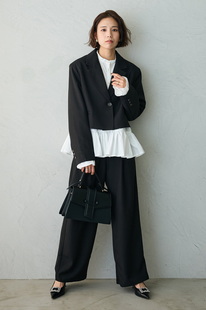 [予約/SET]フリルヘムスリーブブラウス+クロップドマニッシュシンプルジャケット+ツイルシンプルストレートパンツ(3set)